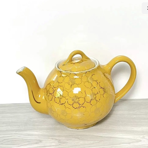 HALL Gold Floral Design Teapot 6 Cup MCM - Picture 3 of 6